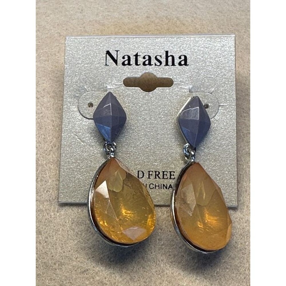 Navy & Amber Faceted Teardrop Dangle Earrings Statement NWT New Jewelry Gift